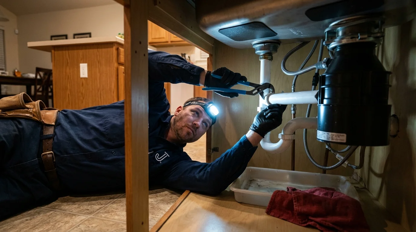 P-trap and supply line connections under a kitchen sink showing a common leak point in Palmetto, GA